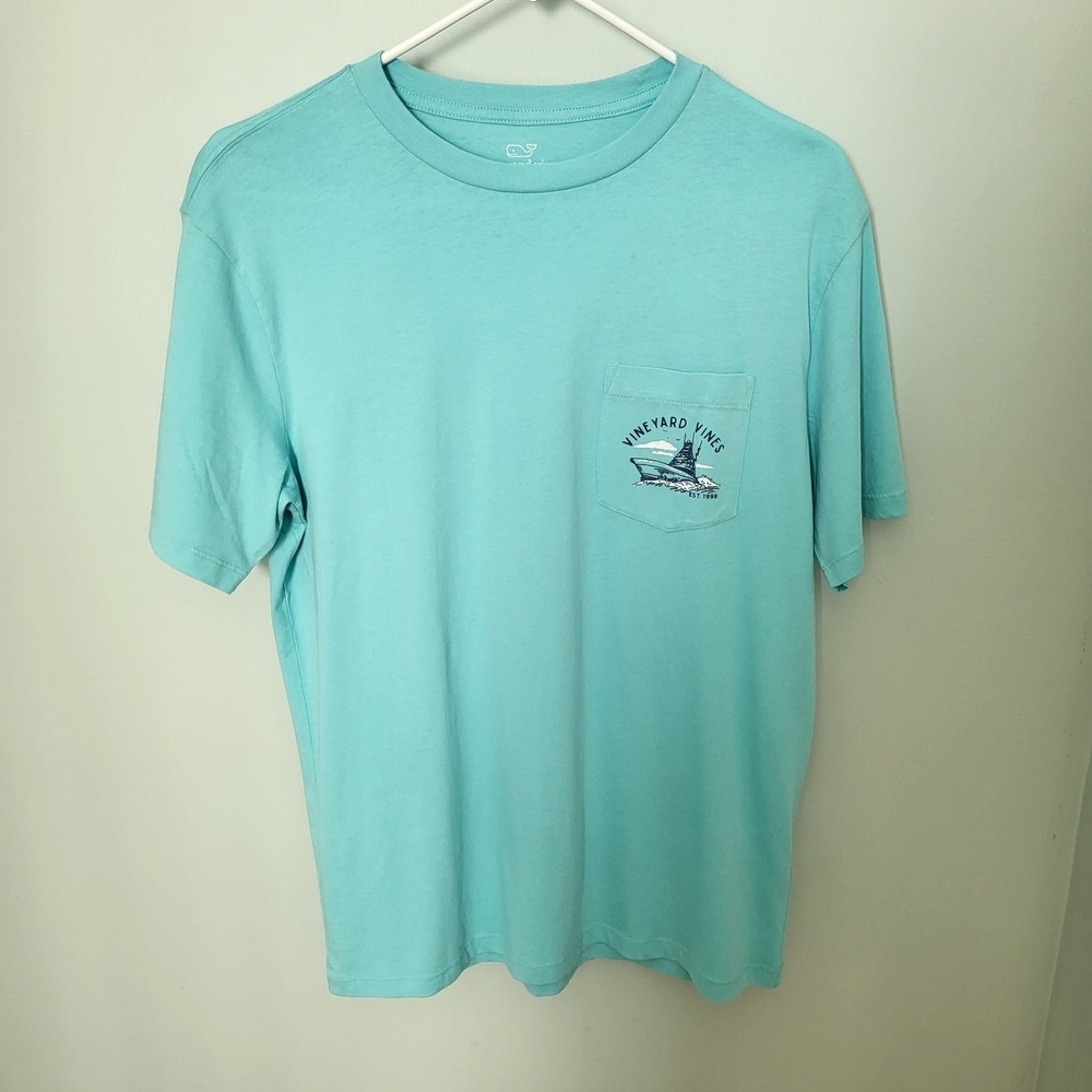 Vineyard Vines Men Medium Fishing Boat‎  cotton Pocket T-shirt Teal Blue New